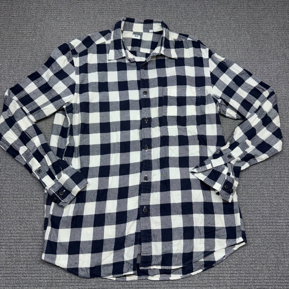 Uniqlo Mens Navy Blue White Buffalo Check Flannel Shirt L 331-421196
